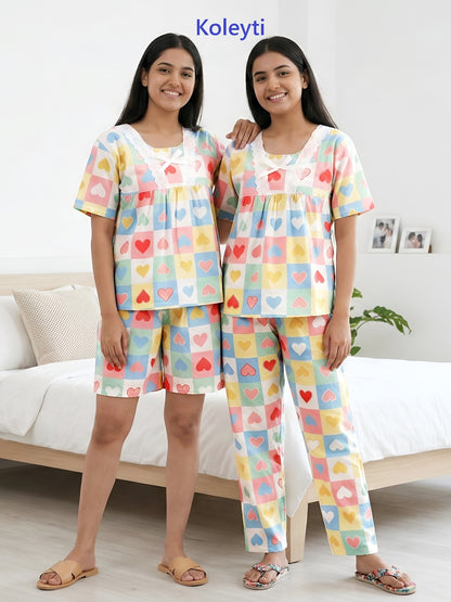 Korean 3 Piece Koleyti Cotton Shorts Pyjama Night Suits Manufacturer Ahmedabad