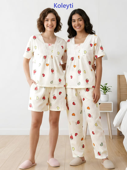 Korean 3 Piece Koleyti Cotton Shorts Pyjama Night Suits Manufacturer Ahmedabad