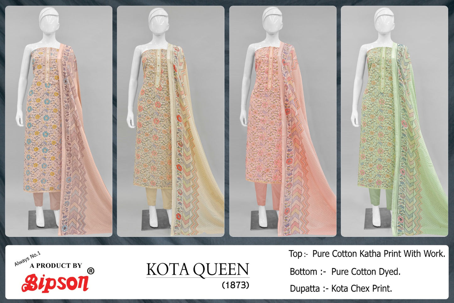 Kota Queen 1873 Bipson Prints Pure Cotton Pant Style Suits Wholesale Rate