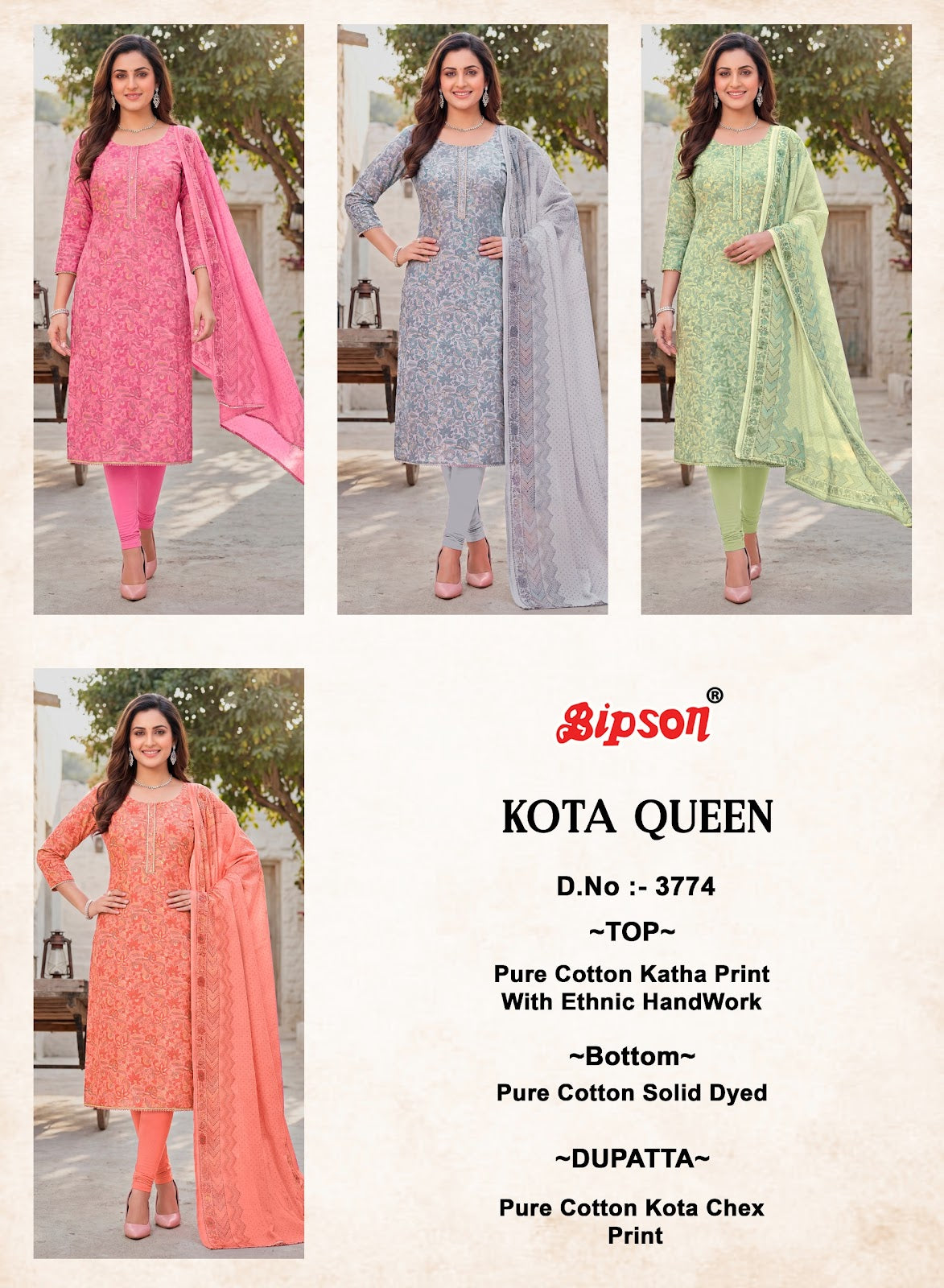 Kota Queen 3774 Bipson Prints Cotton Pant Style Suits Wholesaler India