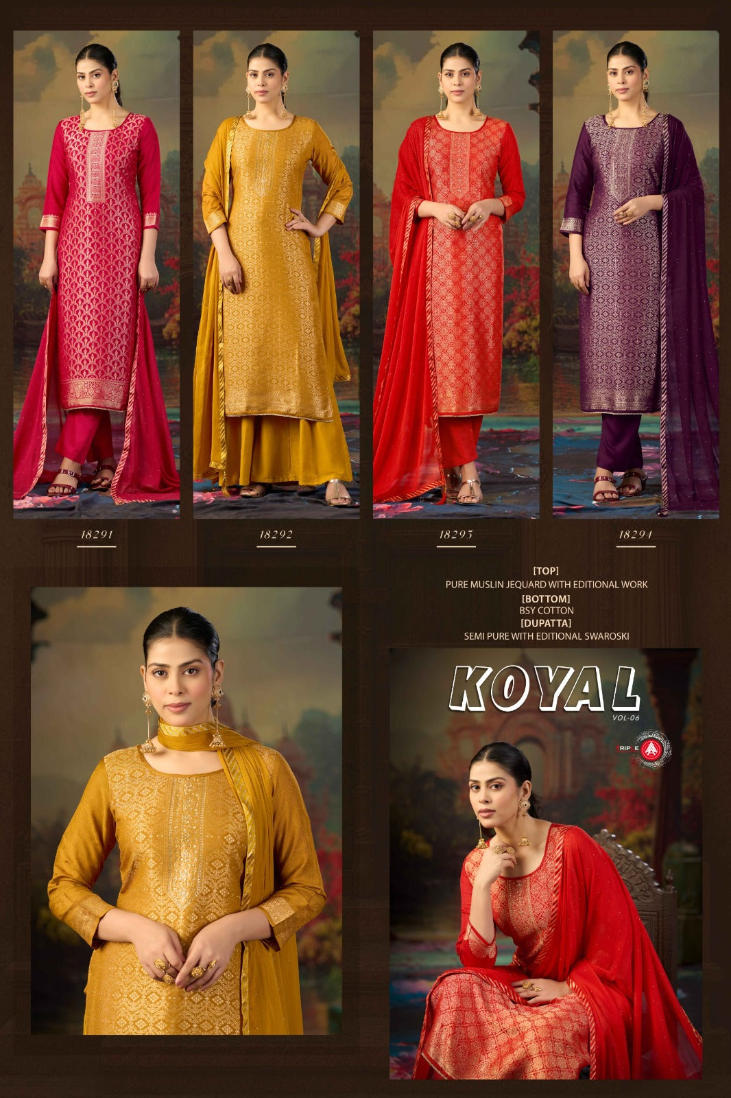 Koyal Vol 6 Triple Aaa Muslin Jacquard Pant Style Suits Manufacturer Ahmedabad