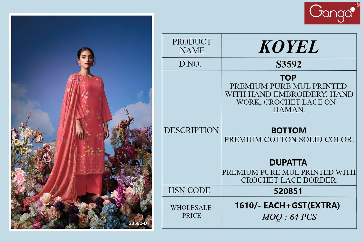 Koyel 3592 Ganga Premium Plazzo Style Suits Wholesaler
