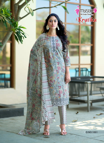 Kratika Vol 1 Mystic 9 Cambric Cotton Readymade Pant Style Suits Wholesaler Ahmedabad