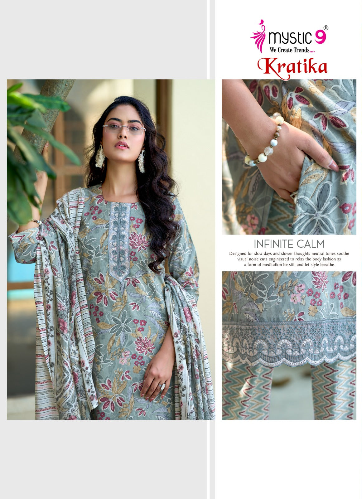 Kratika Vol 1 Mystic 9 Cambric Cotton Readymade Pant Style Suits Wholesaler Ahmedabad