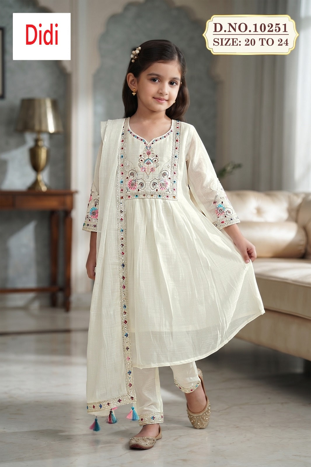 Kreme 1 Dn 10251 Didi Chanderi Girls Readymade Anarkali Suits Manufacturer