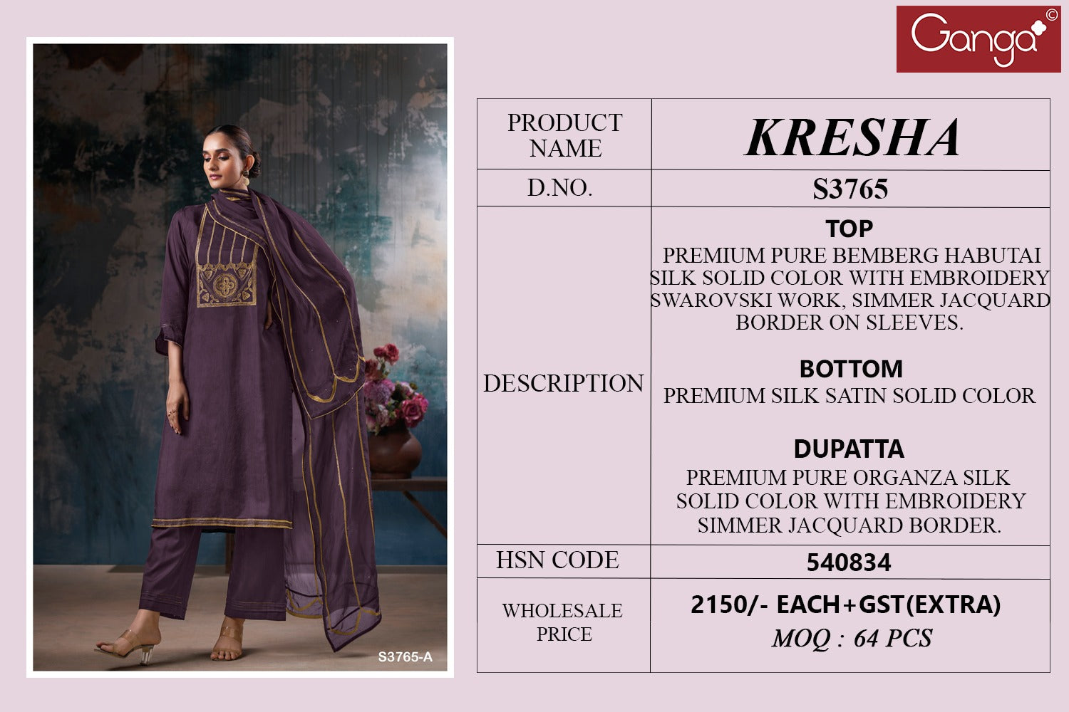 Kresha 3765 Ganga Premium Bemberg Plazzo Style Suits Wholesaler Ahmedabad