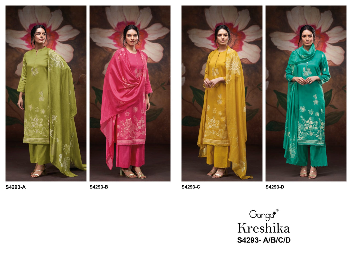 Kreshika 4293 Ganga Cotton Satin Plazzo Style Suits Wholesaler
