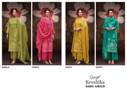 Kreshika 4293 Ganga Cotton Satin Plazzo Style Suits Wholesaler