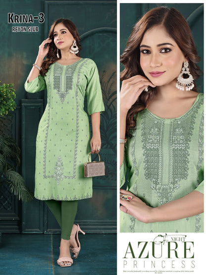 Krina 111024 Ayg Rayon Slub Knee Length Kurtis Exporter Gujarat