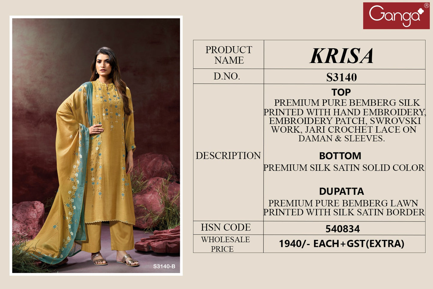 Krisa 3140 Ganga Bemberg Silk Plazzo Style Suits Supplier Ahmedabad