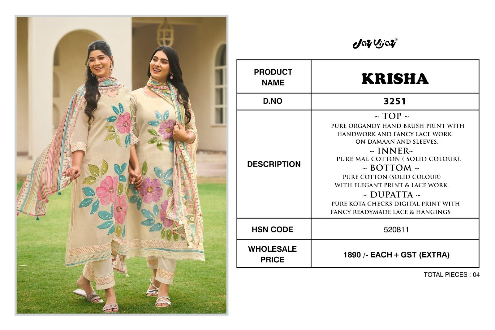 Krisha Jay Vijay Pure Organdy Pant Style Suits Wholesale