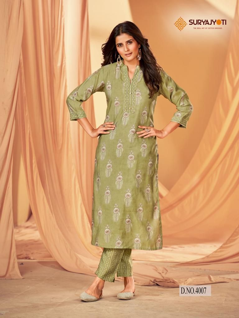 Krisha Vol 4 Suryajyoti Modal Silk Kurti Pant Set Wholesale Price