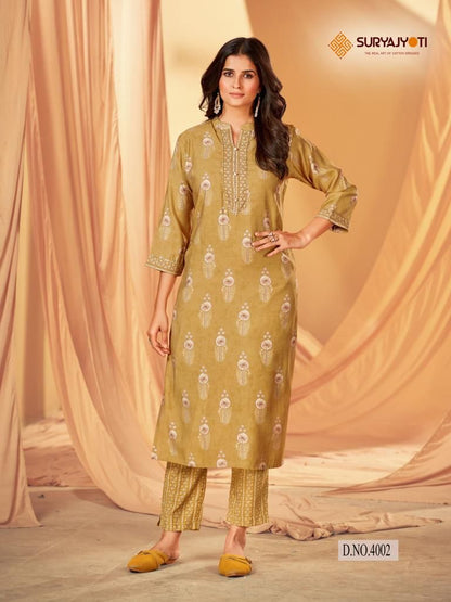Krisha Vol 4 Suryajyoti Modal Silk Kurti Pant Set Wholesale Price