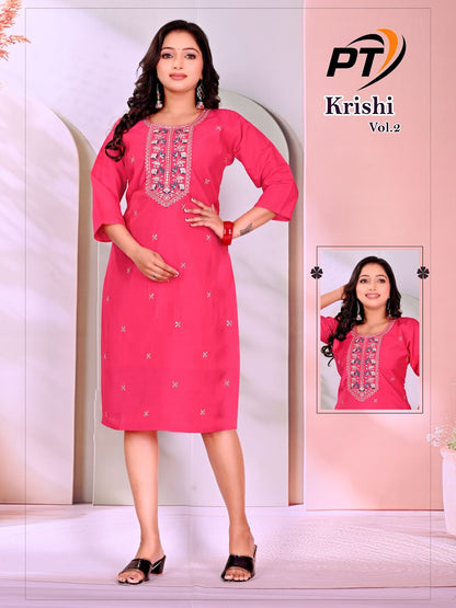 Krishi Vol 2 Pt Roman Silk Knee Length Kurtis Wholesale Price
