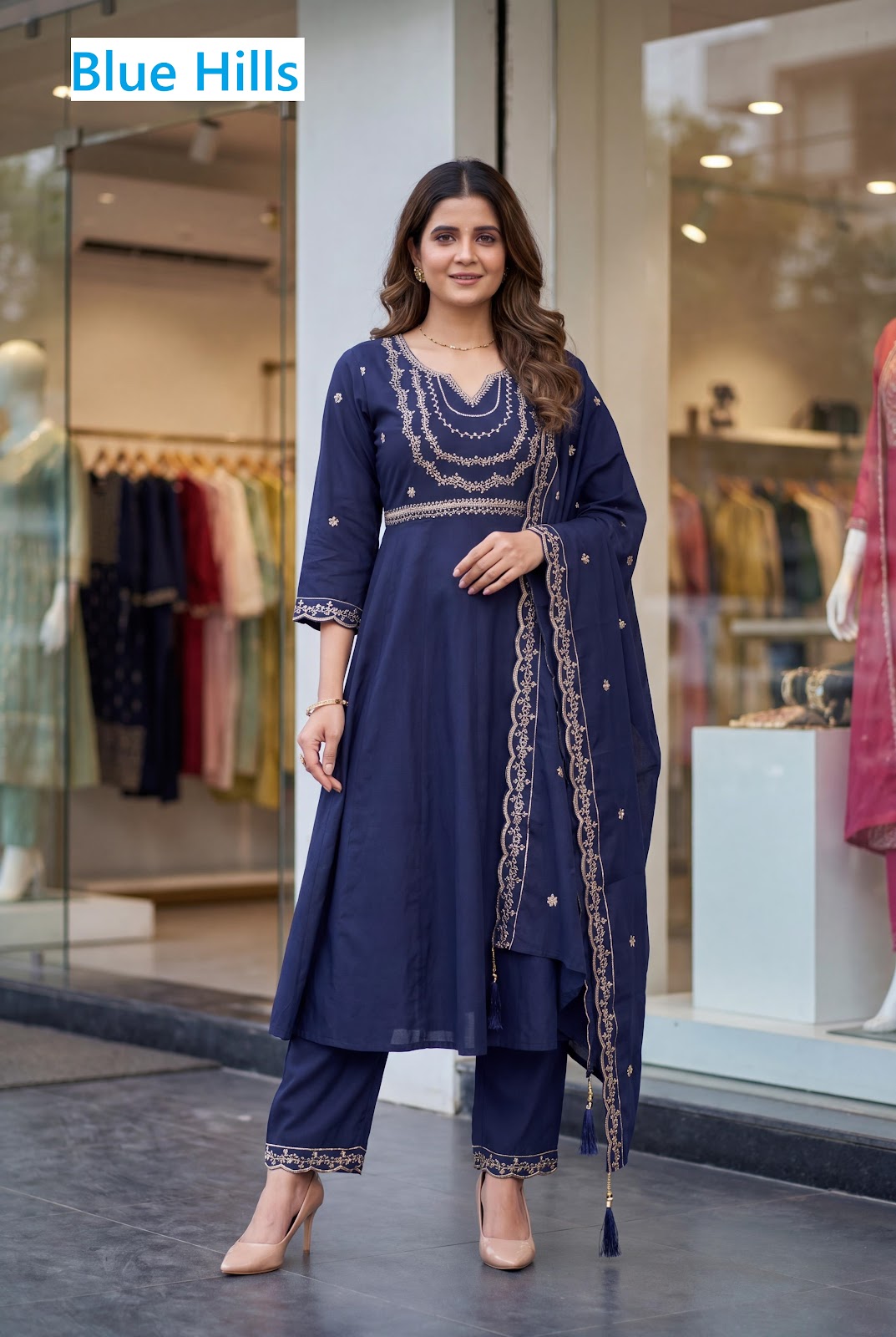 Kriti Blue Hills Roman Silk Readymade Anarkali Suits Exporter India