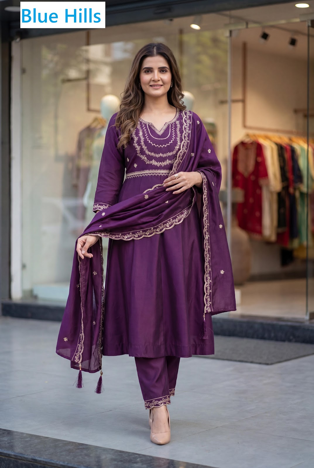 Kriti Blue Hills Roman Silk Readymade Anarkali Suits Exporter India