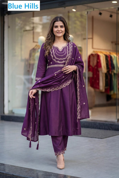 Kriti Blue Hills Roman Silk Readymade Anarkali Suits Exporter India