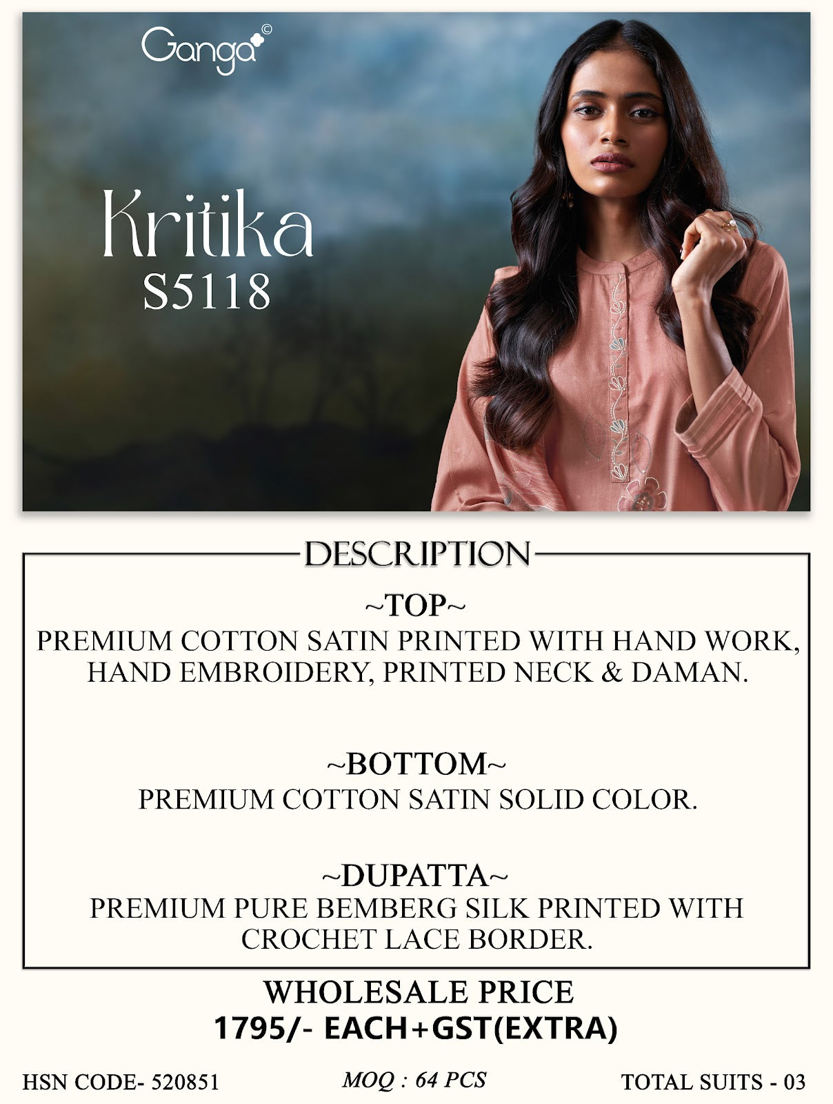 Kritika S5118 Ganga Cotton Satin Pant Style Suits Wholesaler