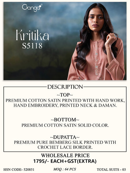 Kritika S5118 Ganga Cotton Satin Pant Style Suits Wholesaler