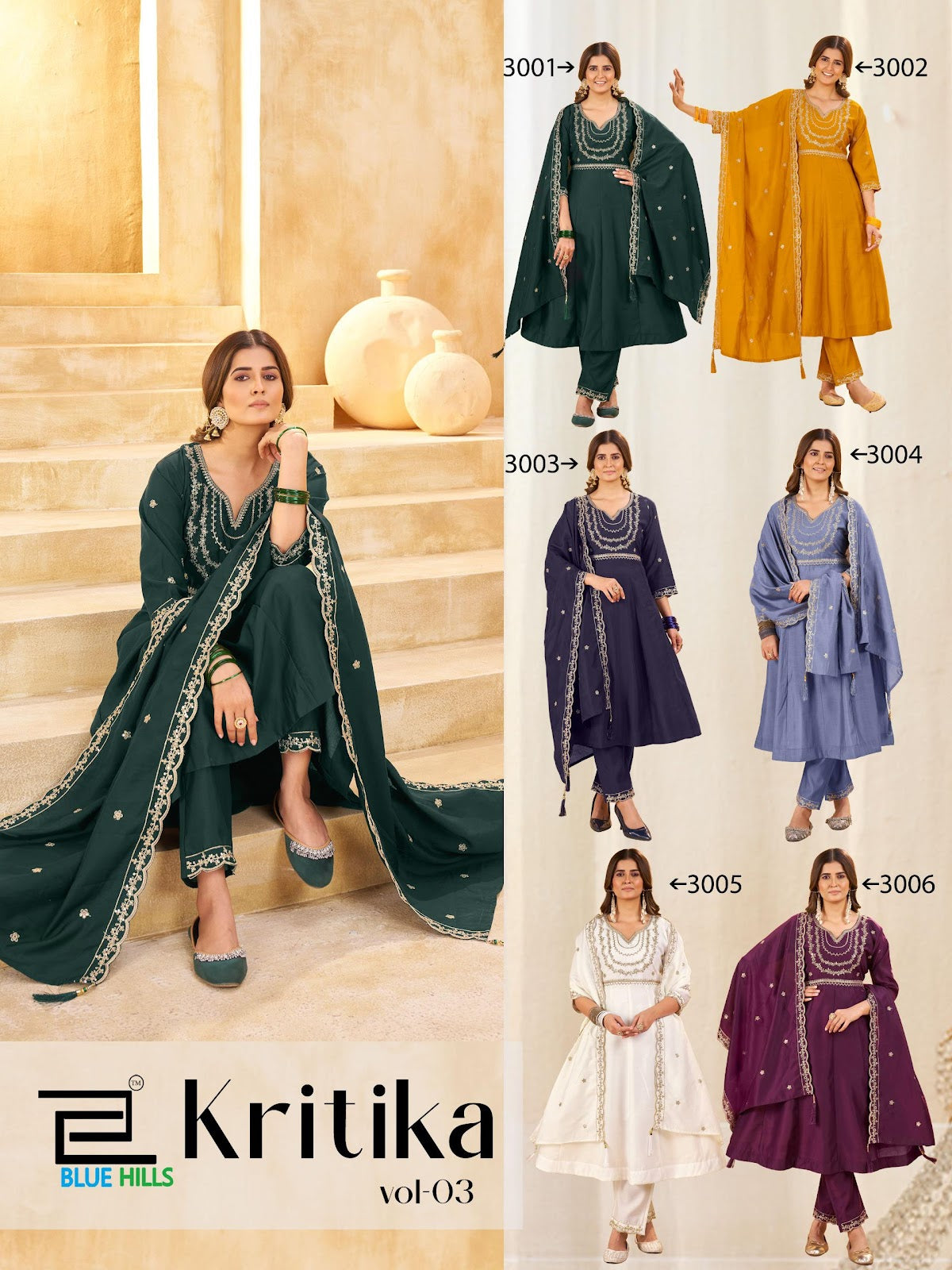 Kritika Vol 3 Blue Hills Roman Silk Readymade Anarkali Suits Supplier India