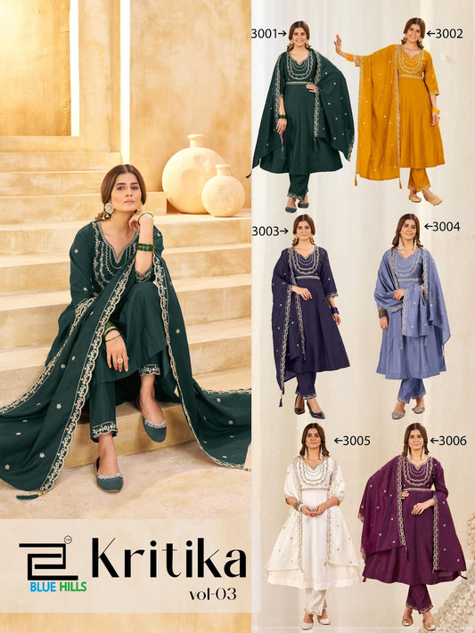 Kritika Vol 3 Blue Hills Roman Silk Readymade Anarkali Suits Supplier India