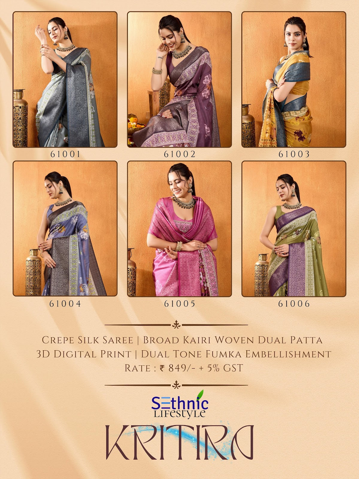 Kritira 61001-61006 Sethnic Crepe Silk Sarees Wholesaler Gujarat