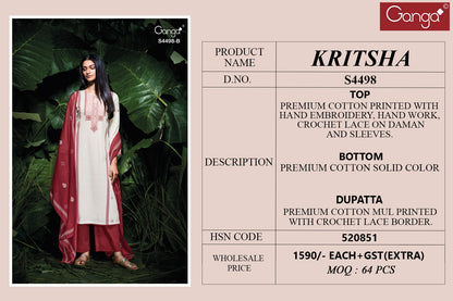 Kritsha 4498 Ganga Cotton Plazzo Style Suits Wholesaler