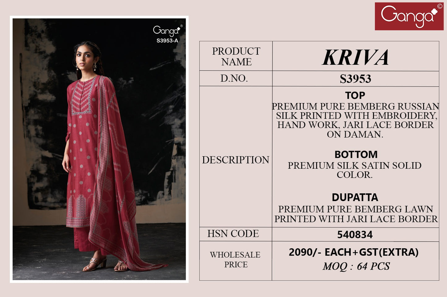 Kriva 3953 Ganga Premium Bemberg Plazzo Style Suits Exporter