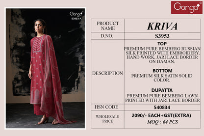 Kriva 3953 Ganga Premium Bemberg Plazzo Style Suits Exporter