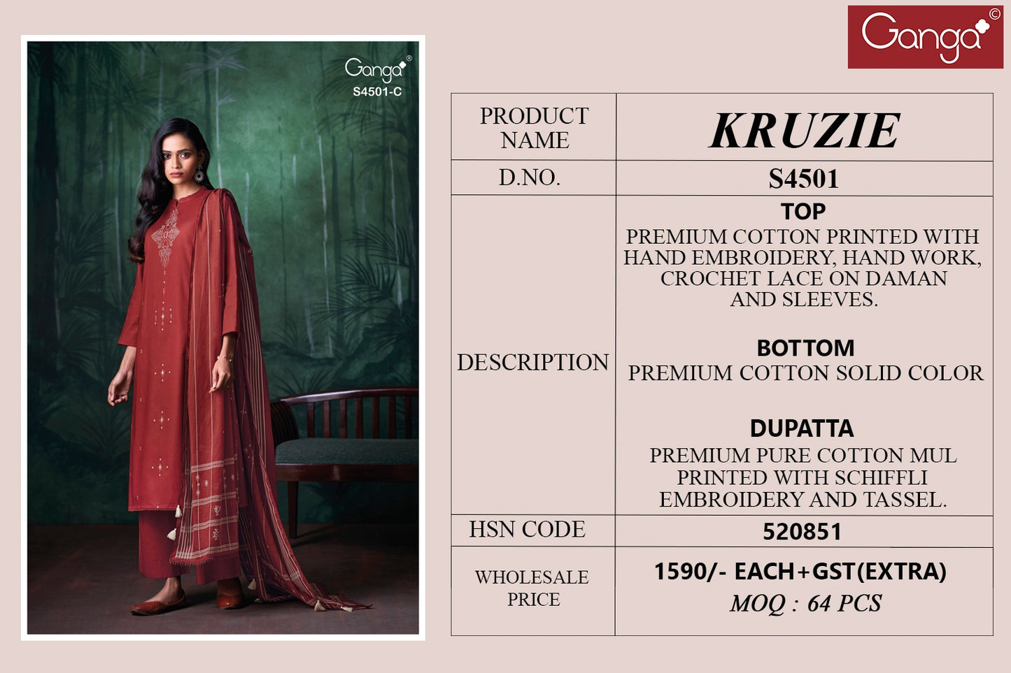 Kruzie 4501 Ganga Premium Cotton Plazzo Style Suits Exporter India
