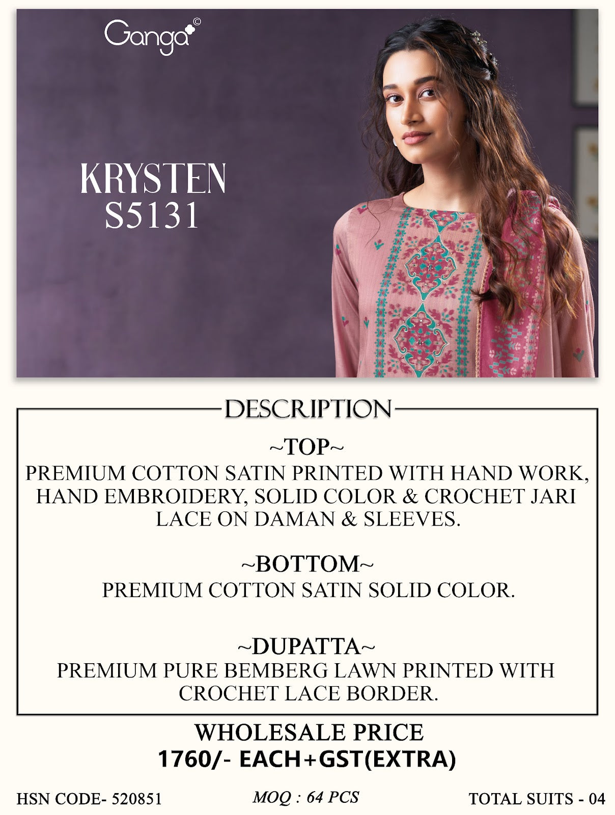 Krysten S5131 Ganga Cotton Satin Plazzo Style Suits Exporter India