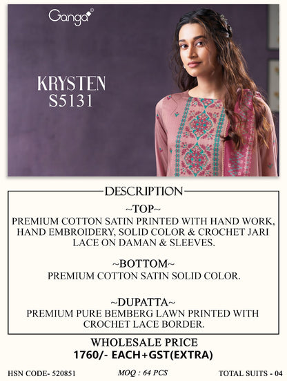 Krysten S5131 Ganga Cotton Satin Plazzo Style Suits Exporter India
