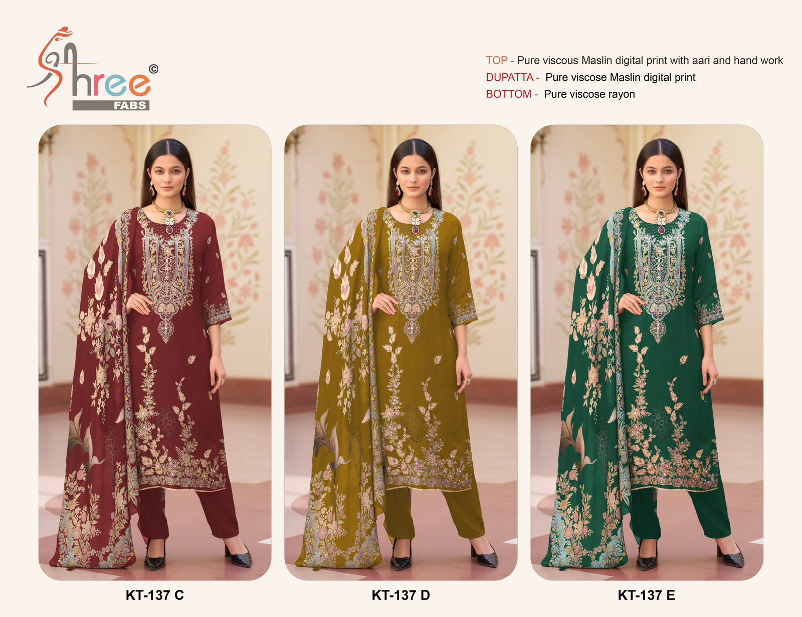 Kt 137 Cde Shree Fabs Viscose Muslin Karachi Salwar Suits Supplier