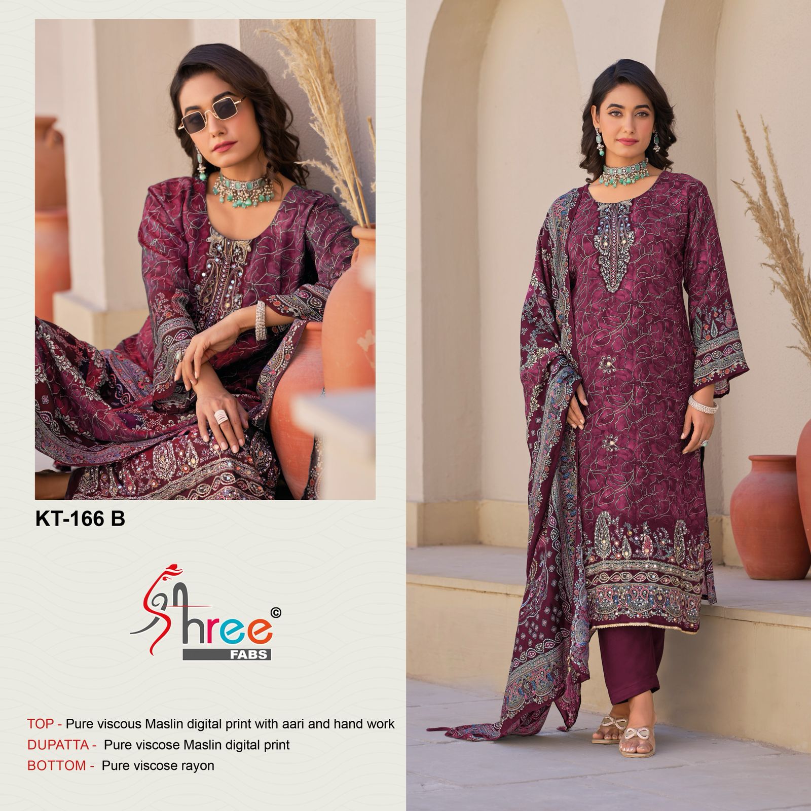 Kt 166 Shree Fabs Viscose Muslin Karachi Salwar Suits Supplier India