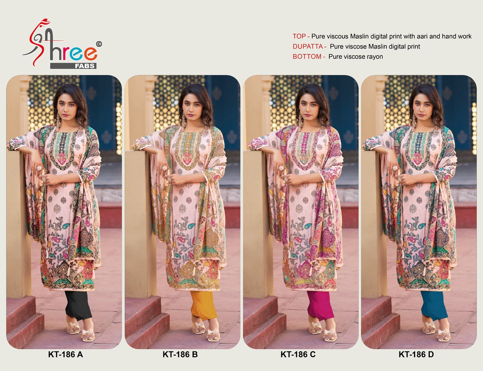 Kt 186 Shree Fabs Viscose Muslin Karachi Salwar Suits Supplier Ahmedabad