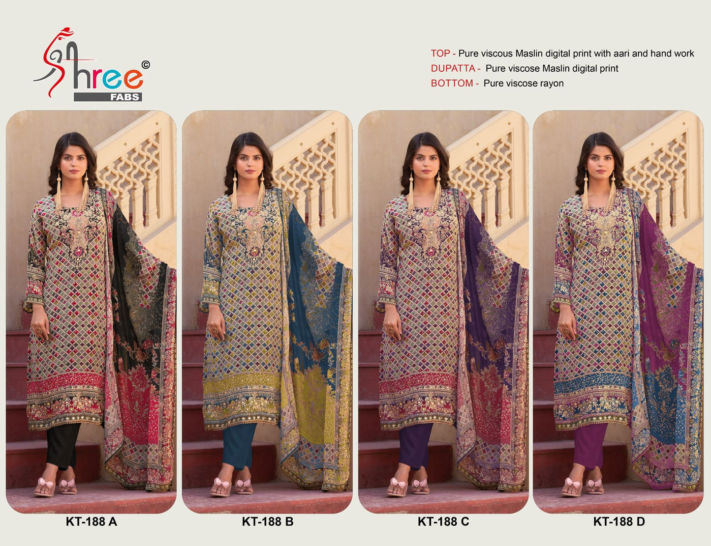Kt 188 Shree Fabs Viscose Muslin Karachi Salwar Suits Exporter