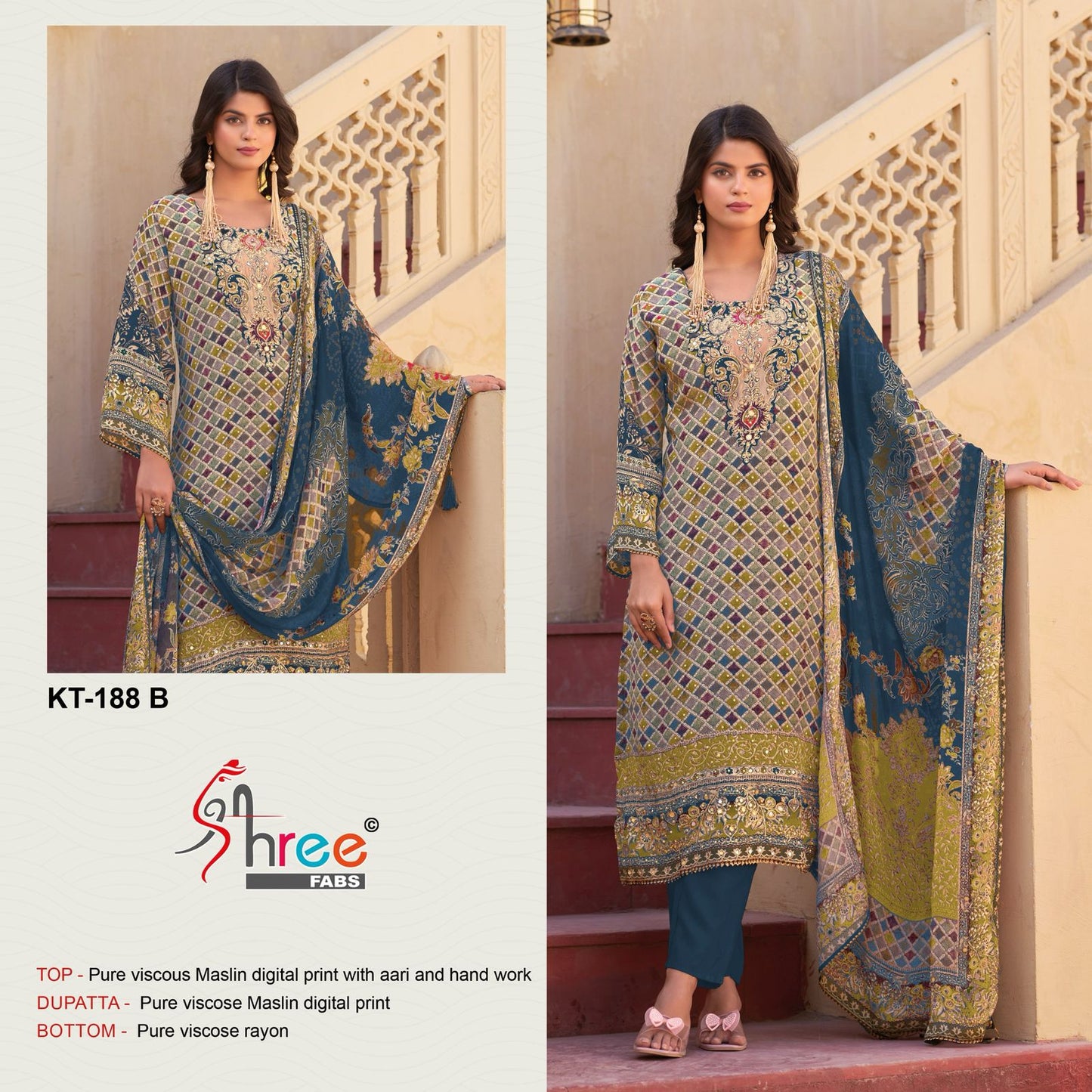 Kt 188 Shree Fabs Viscose Muslin Karachi Salwar Suits Exporter