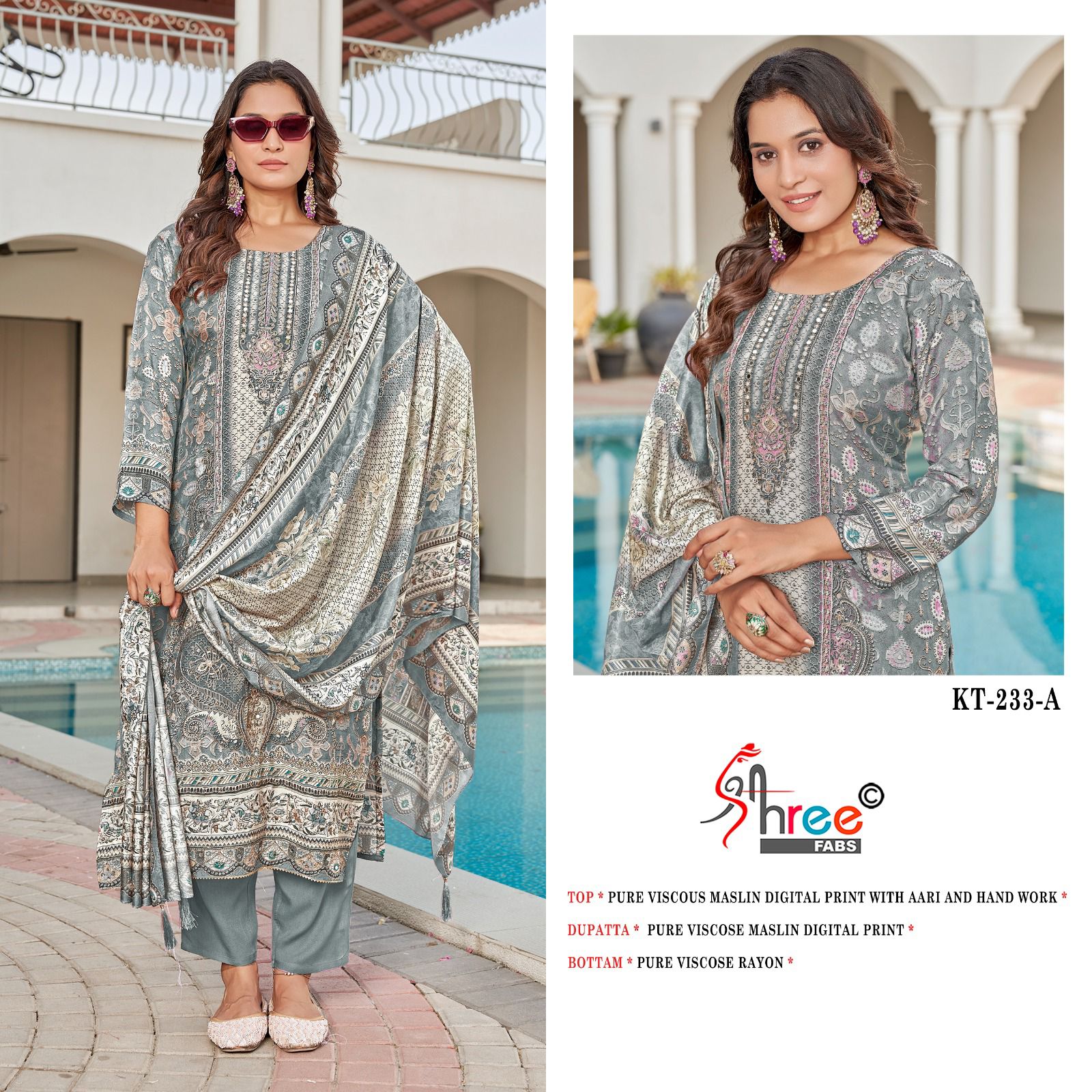 Kt 233 Shree Fabs Viscose Muslin Karachi Salwar Suits Manufacturer Ahmedabad