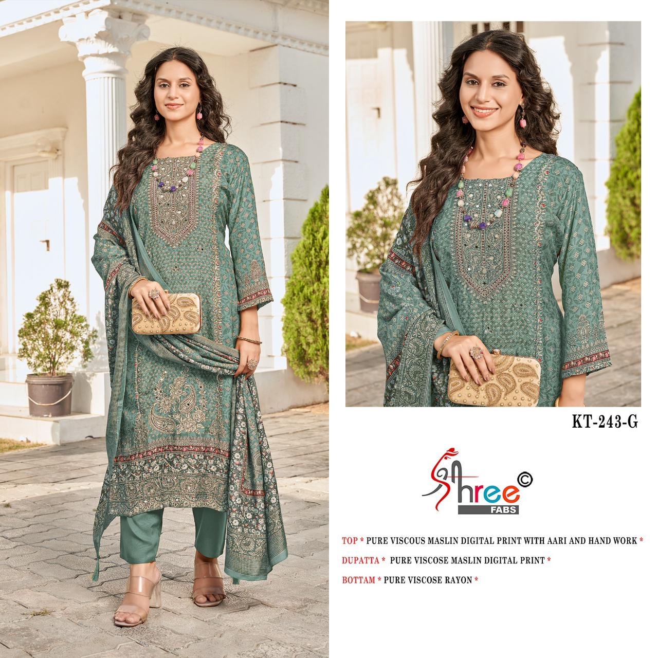 Kt 243 Defg Shree Fabs Viscose Muslin Karachi Salwar Suits Wholesale Rate