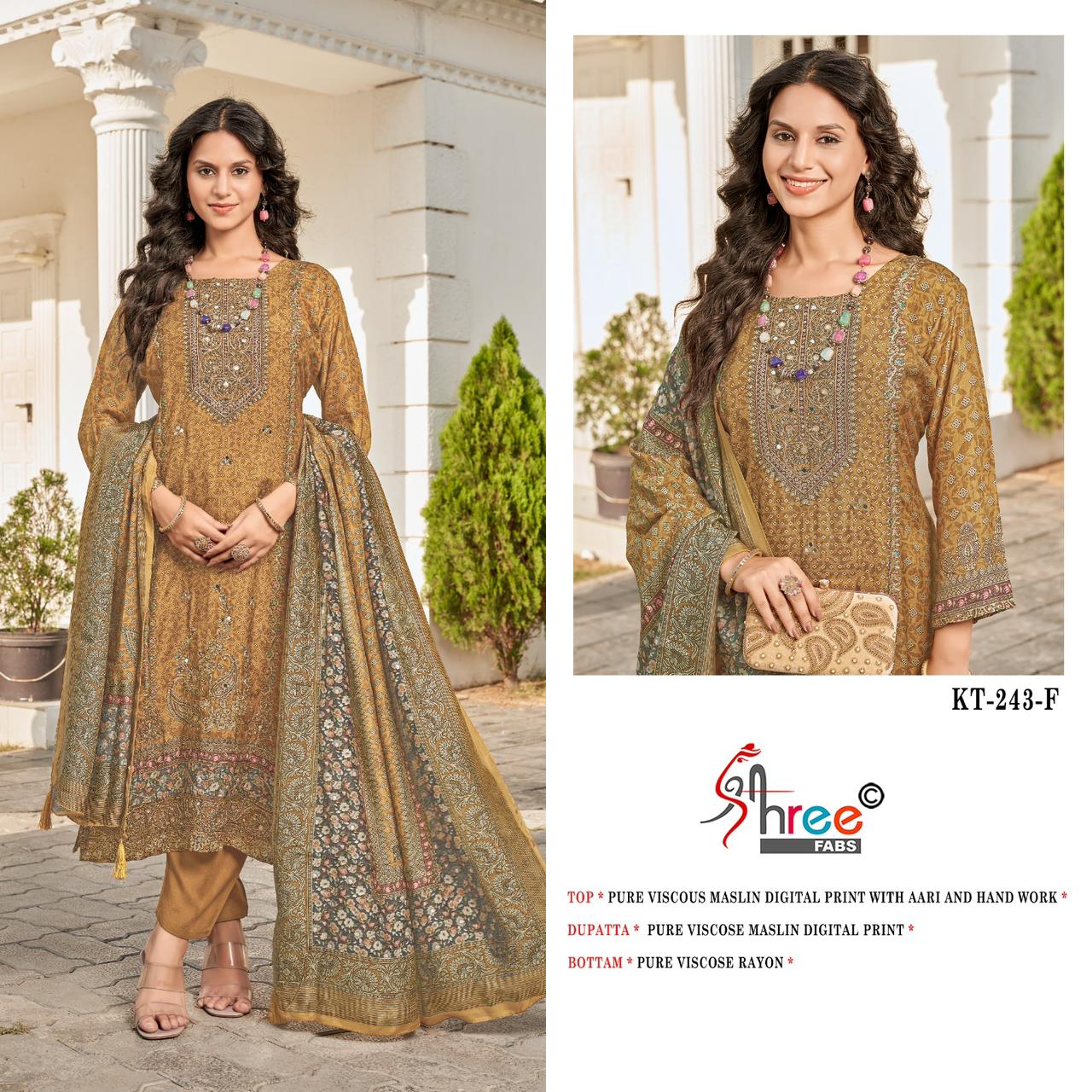 Kt 243 Defg Shree Fabs Viscose Muslin Karachi Salwar Suits Wholesale Rate