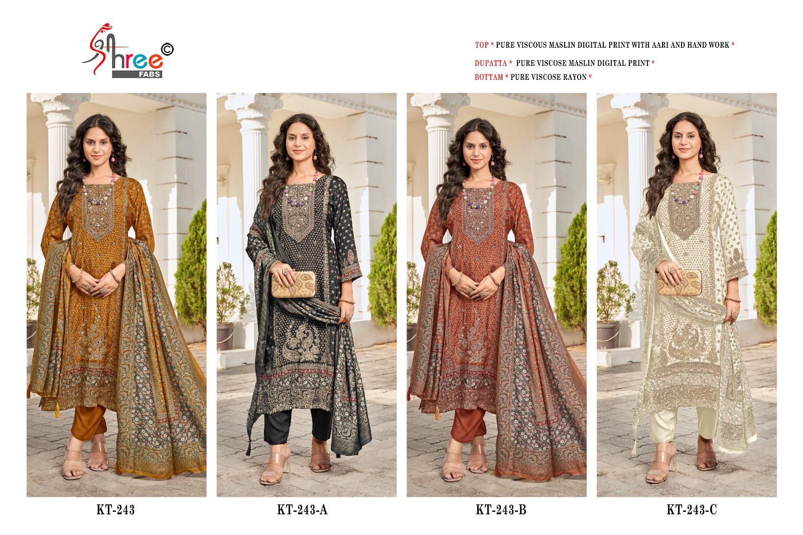Kt 243 Shree Fabs Viscose Muslin Karachi Salwar Suits Wholesaler India