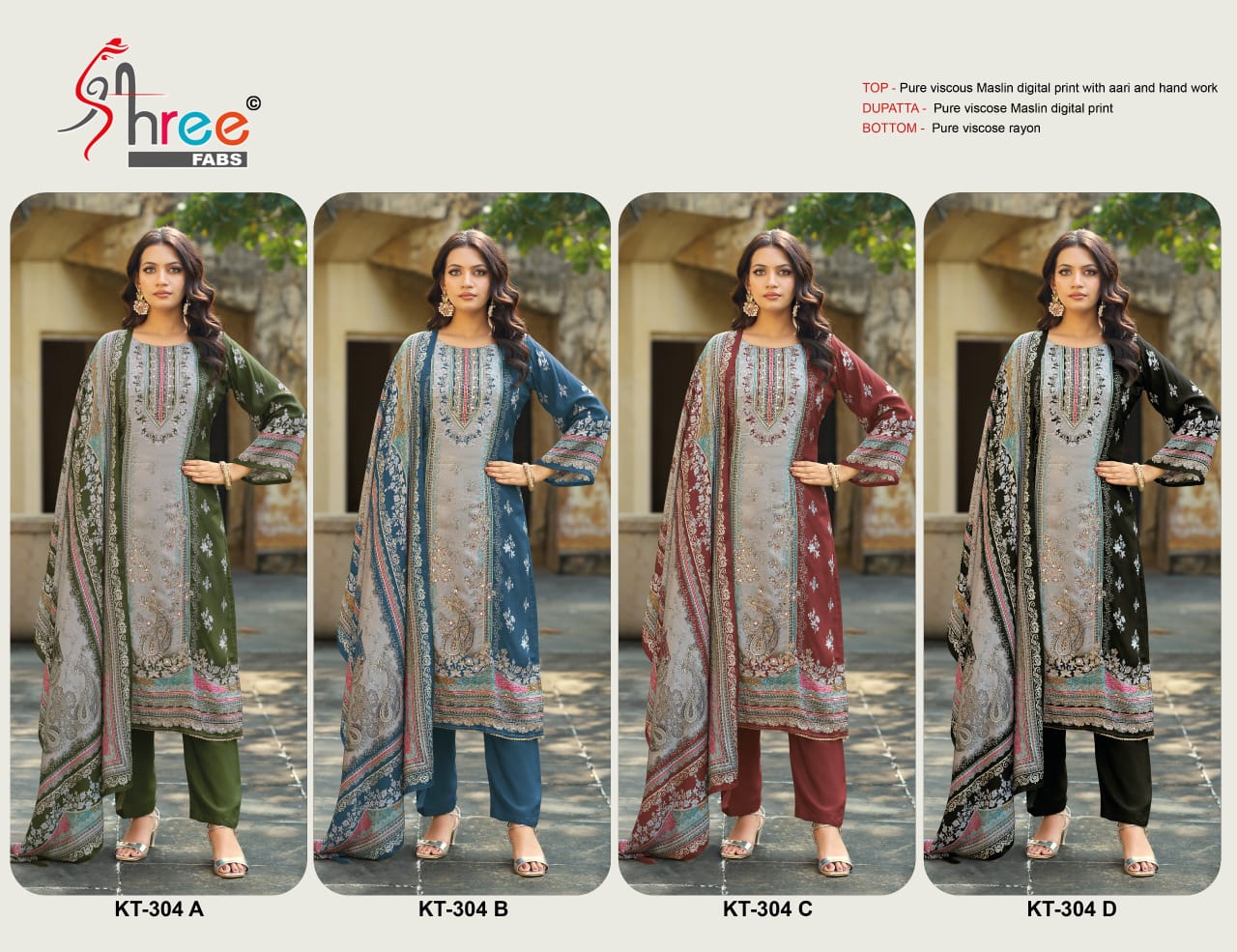 Kt 304 Shree Fabs Viscose Muslin Karachi Salwar Suits Supplier