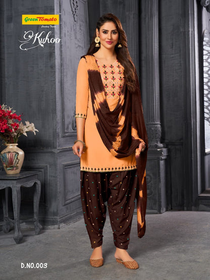 Kuhoo Green Tomato Semi Cotton Readymade Salwar Suits Wholesale