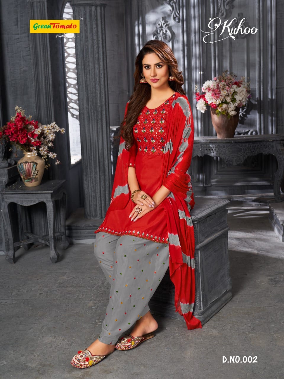 Kuhoo Green Tomato Semi Cotton Readymade Salwar Suits Wholesale