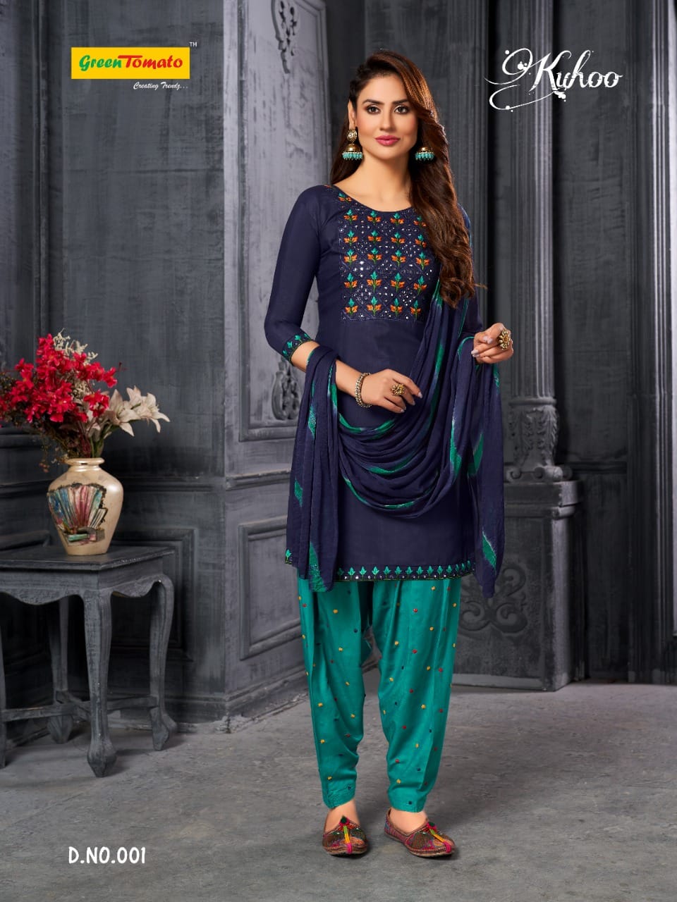 Kuhoo Green Tomato Semi Cotton Readymade Salwar Suits Wholesale