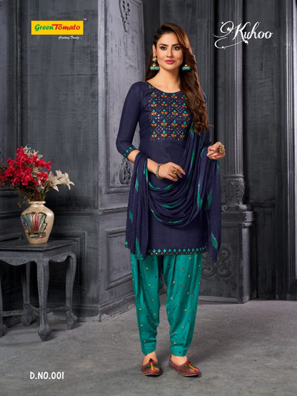 Kuhoo Green Tomato Semi Cotton Readymade Salwar Suits Wholesale
