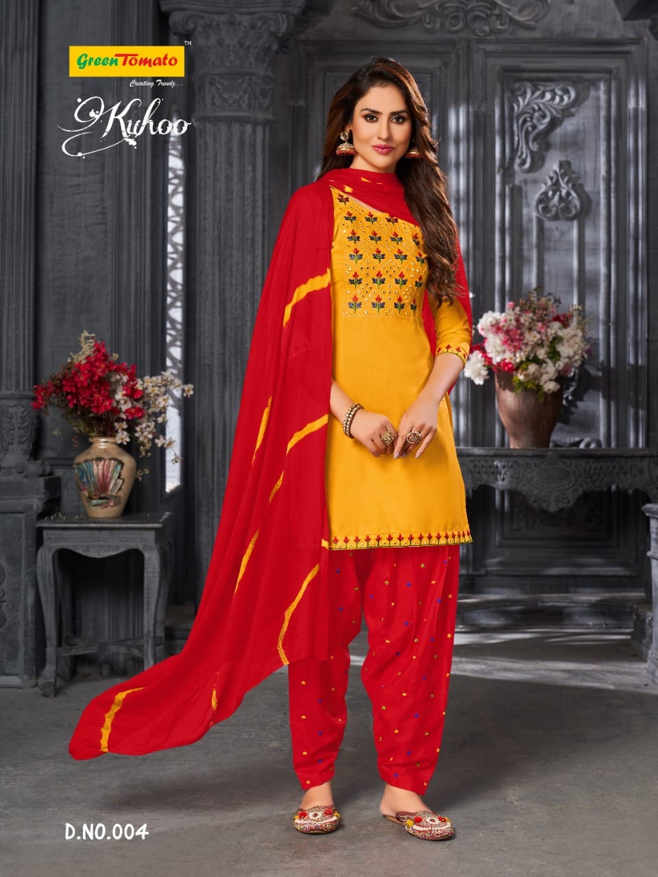 Kuhoo Green Tomato Semi Cotton Readymade Salwar Suits Wholesale