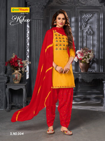 Kuhoo Green Tomato Semi Cotton Readymade Salwar Suits Wholesale