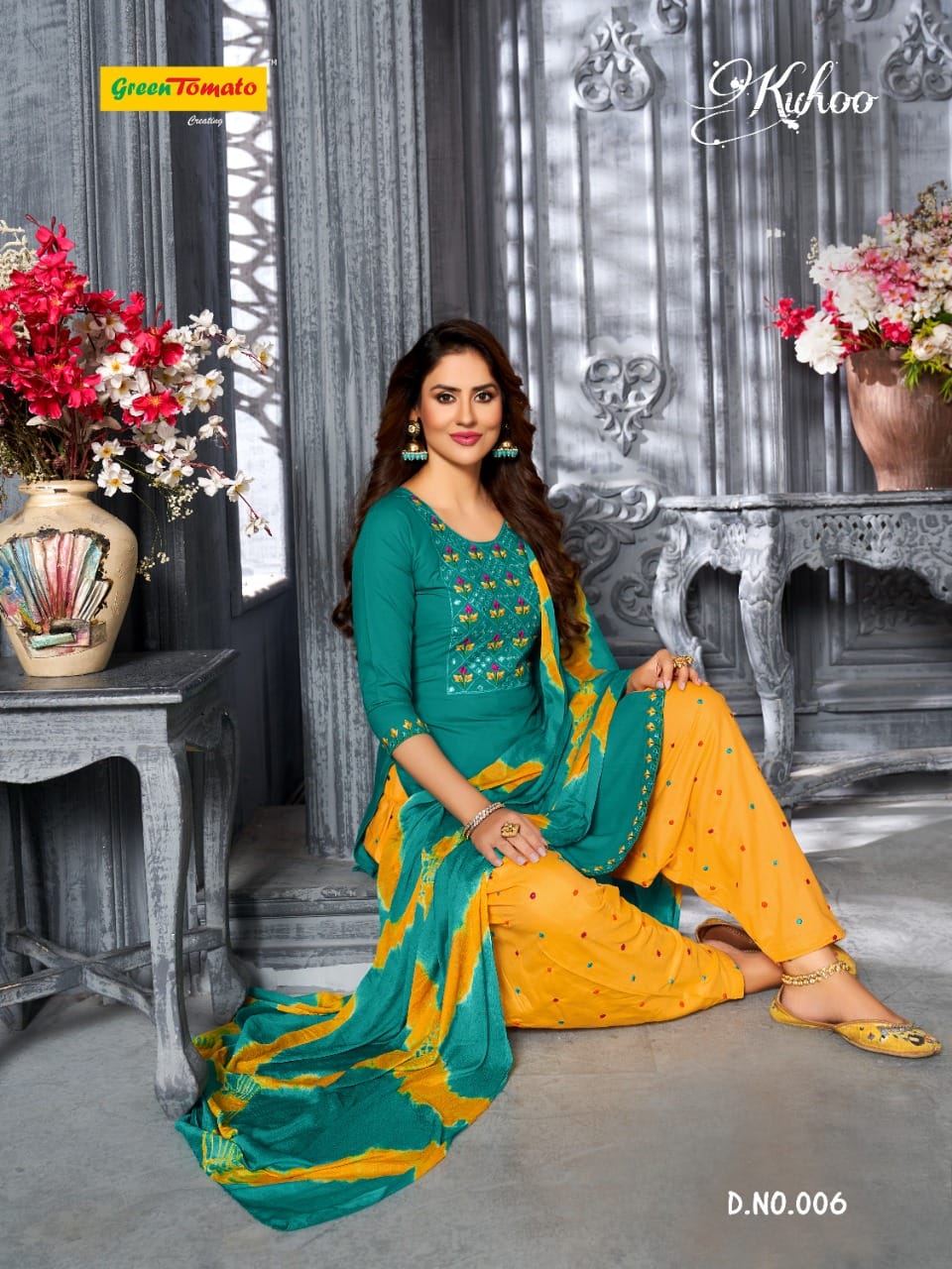 Kuhoo Green Tomato Semi Cotton Readymade Salwar Suits Wholesale