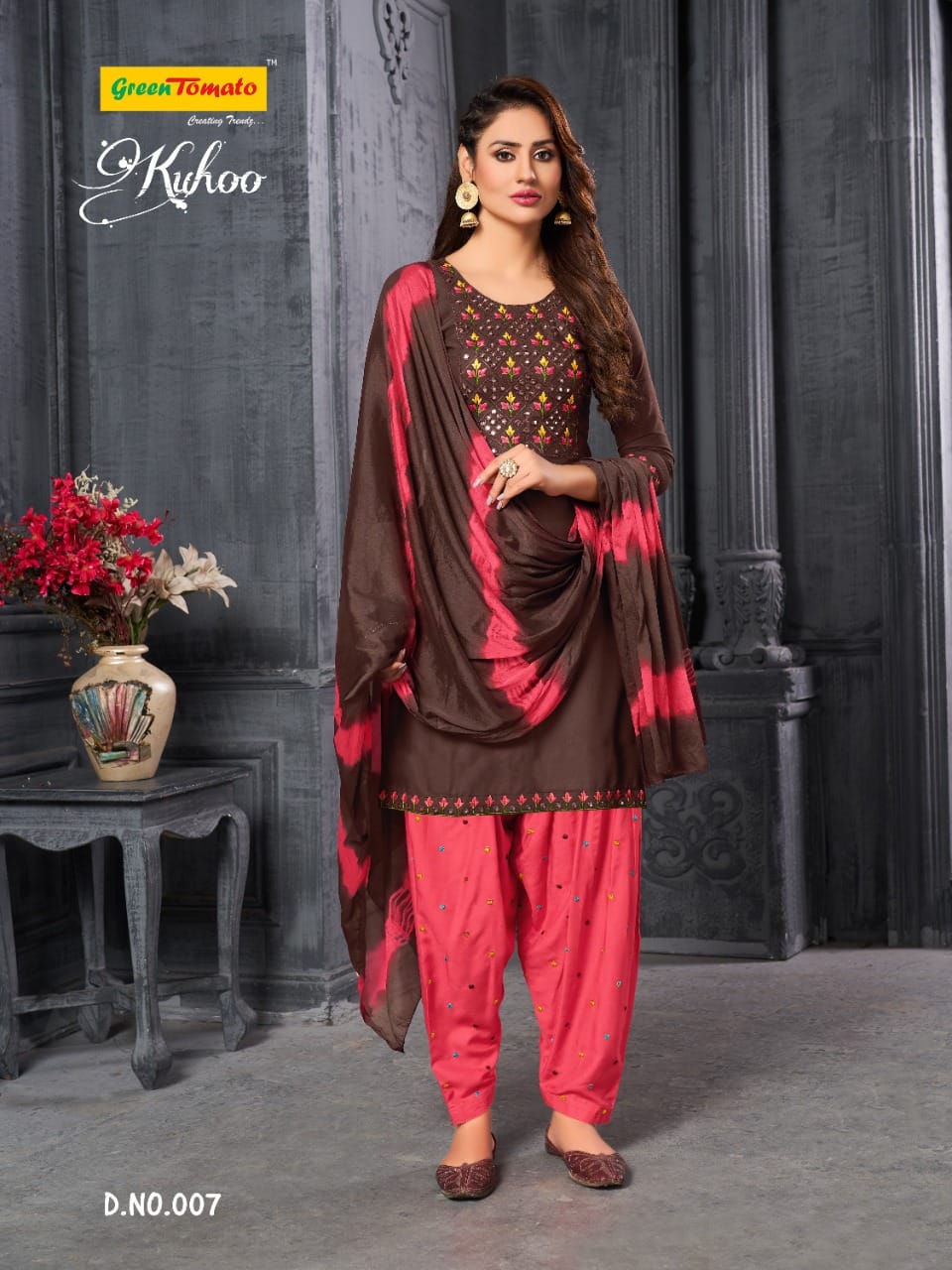 Kuhoo Green Tomato Semi Cotton Readymade Salwar Suits Wholesale